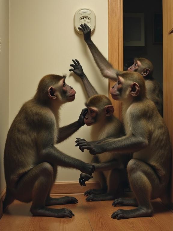 Five rhesus monkeys are changing the batteries in a smoke detector. The scene shows multiple monkeys interacting with the detector in a warm indoor setting.