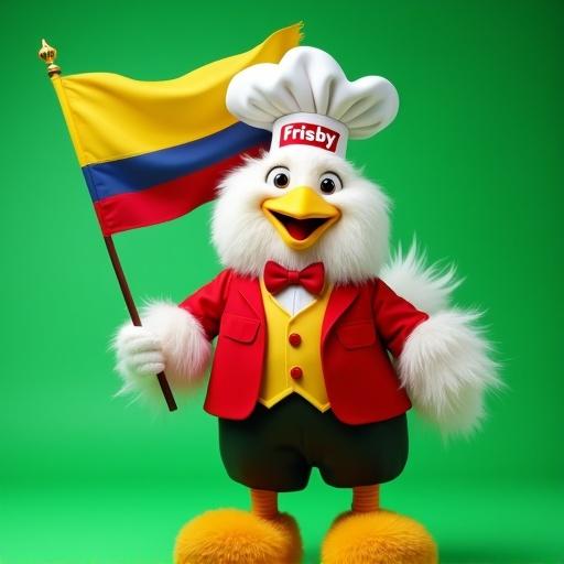 A colorful anthropomorphic chicken mascot in a chef outfit. Chicken has white plumage and a large yellow beak. Wearing a red jacket and yellow vest. Chef's hat features 'Frisby' in red. Holding a Colombian flag. Dynamic and cheerful pose against a green background. High photographic quality with intricate details.