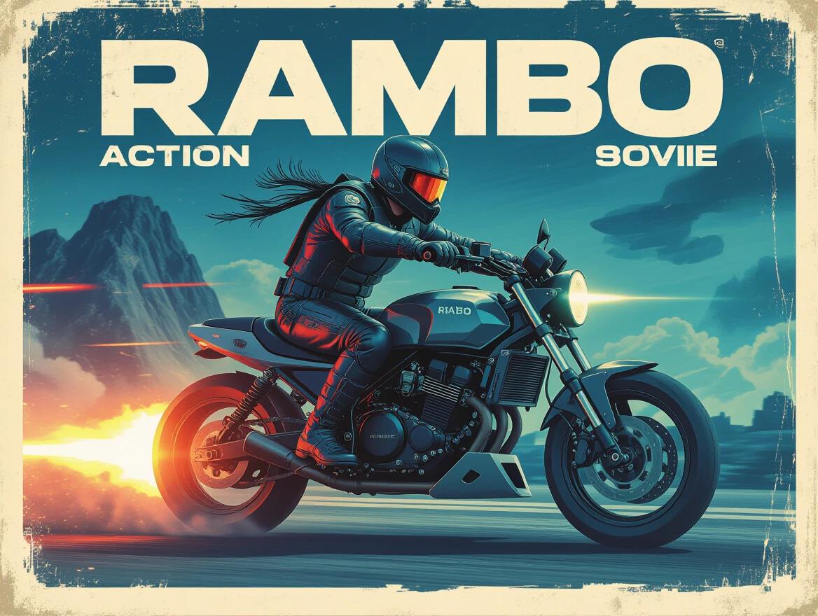 Illustration of a motorcycle and rider inspired by 80s action movies. Full body depiction of a character styled as Rambo. Futuristic motorcycle with elements of a retro design. Setting suggests escape from a motorcycle gang. Movie poster style with bold text.