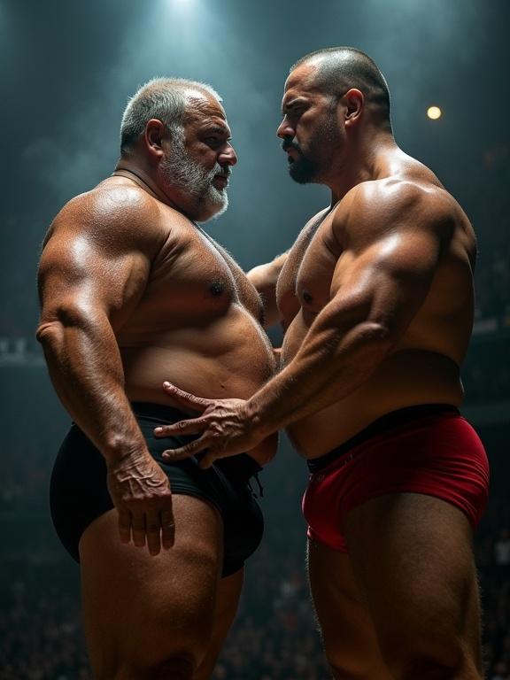 Ultra-photorealistic photo of two strongmen facing each other in a dark arena. The older strongman has a bulky physique and leathery skin. The younger strongman is leaner and focused. Both are sweating and wearing posing briefs. Heavy lighting emphasizes their muscles. Volumetric steam is visible in the background. Camera angle distorts scale. Hyper-detailed features on skin can be seen.