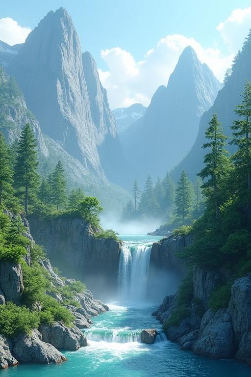 3D diorama with trees and a waterfall. Stunning digital artwork showcases majestic mountains and cascading waterfalls. Vivid colors enhance natural beauty. Ideal for nature enthusiasts and travelers.