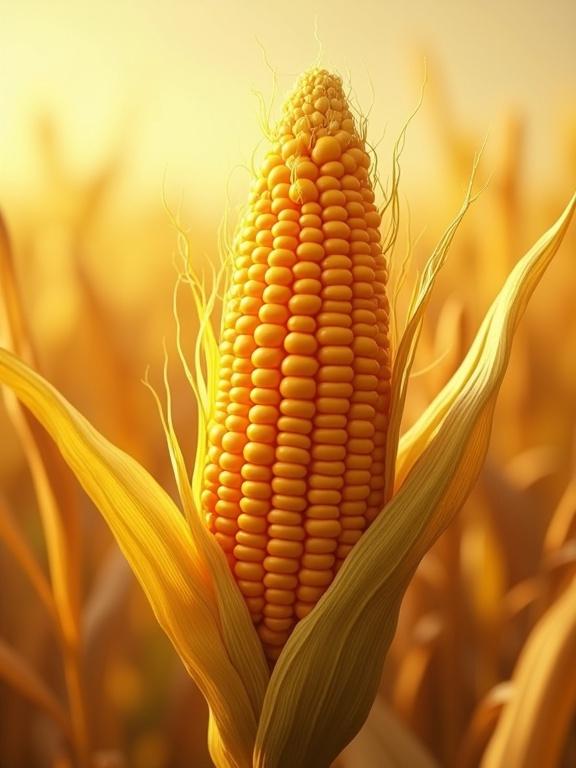 Epic anthropomorphic corn in a golden 3D anime style with cel-shaded and painterly effects.