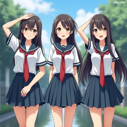 Three Japanese high school girls in uniform standing together. Bright daylight creates a cheerful atmosphere. They wear skirts and blouses with ties. Background features a vibrant school setting.