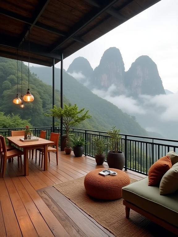 Image of a serene outdoor space on a balcony with wooden flooring and a view of misty mountains. Furniture includes a wooden dining table and chairs, a green sofa, a wooden coffee table, and a terracotta ottoman. The setting is adorned with plants and warm-toned pendant lights, providing an inviting atmosphere.