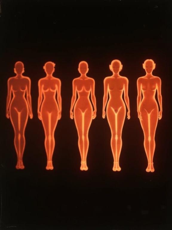 Series of glowing body shapes. Created in a 1940s isotype infographic style. Design evokes classic aesthetics with a focus on body silhouettes.