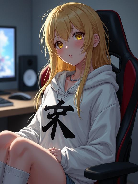 Anime character with golden blonde hair and golden yellow eyes. Wearing a slightly oversized white hoodie. Leaning back in a gamer's chair. Small nose with rosy cheeks. Dimly lit room with a computer setup in the background.