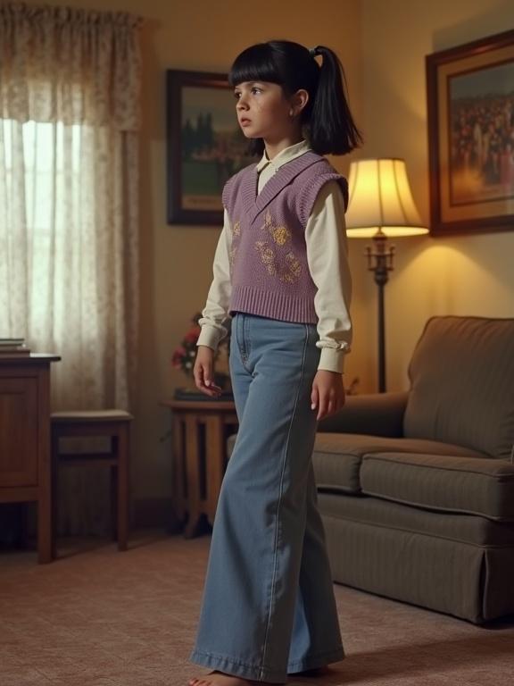 Screenshot from a 1970s movie. Side view of a teenage girl in a retro living room. Girl looks worriedly to the left. She has black pigtails and freckles. Wearing a white sweater and lilac vest. She has wide flared bellbottom jeans covering bare feet.