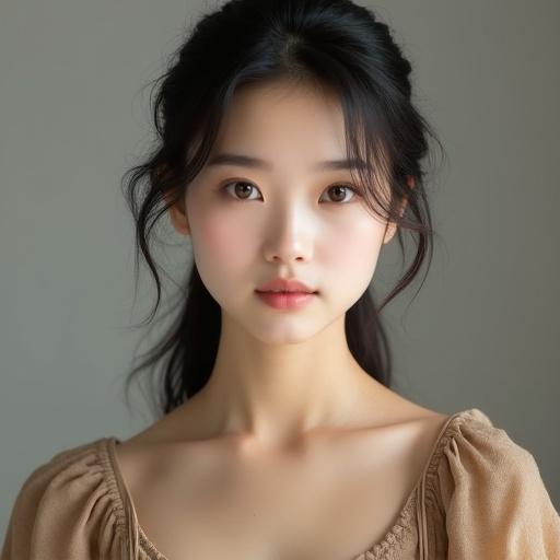 A young woman with harmonious blend of Western and Japanese facial features. She has flawless porcelain fair skin and warm brown eyes. The face is symmetrical and elegant with soft almond-shaped eyes, a refined jawline, a small delicate nose, and naturally pink lips. The woman wears a modest dress in earthy tones with a low neckline revealing cleavage. The expression is soft against a clean background. Captured with detailed, studio lighting.