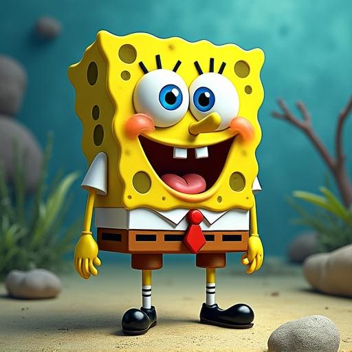 SpongeBob SquarePants character wearing a soldier costume. Happy smile, standing in a cartoonish environment with plants. Bright colors and cheerful atmosphere.