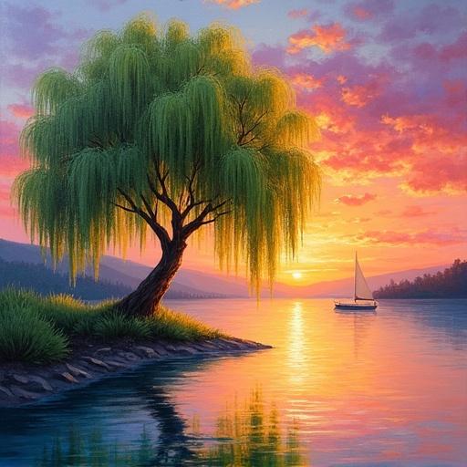A vibrant impressionistic painting showing a solitary willow tree at a tranquil lake during sunset. The tree's branches arch over the water reflecting the sky's hues. A small sailboat named 'Serenity' is in the distance. The scene is illuminated with soft light evoking peace.