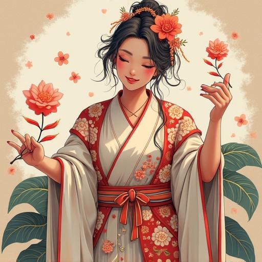 A woman in traditional Japanese kimono holding flowers. Background features floral elements. Kimono adorned with intricate patterns. An expression of grace and elegance. Flowers symbolize beauty and nature. Warm lighting enhances the scene.