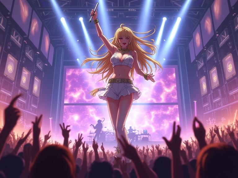 A dynamic anime-style digital illustration of a young female singer mid-performance on a concert stage. She is leaning forward, singing into a microphone, with long golden hair flowing. She wears a sparkling white and gold outfit. Background filled with laser lights, LED panels, and a cheering crowd. High detail, emotional J-Rock concert moment in vibrant colors.