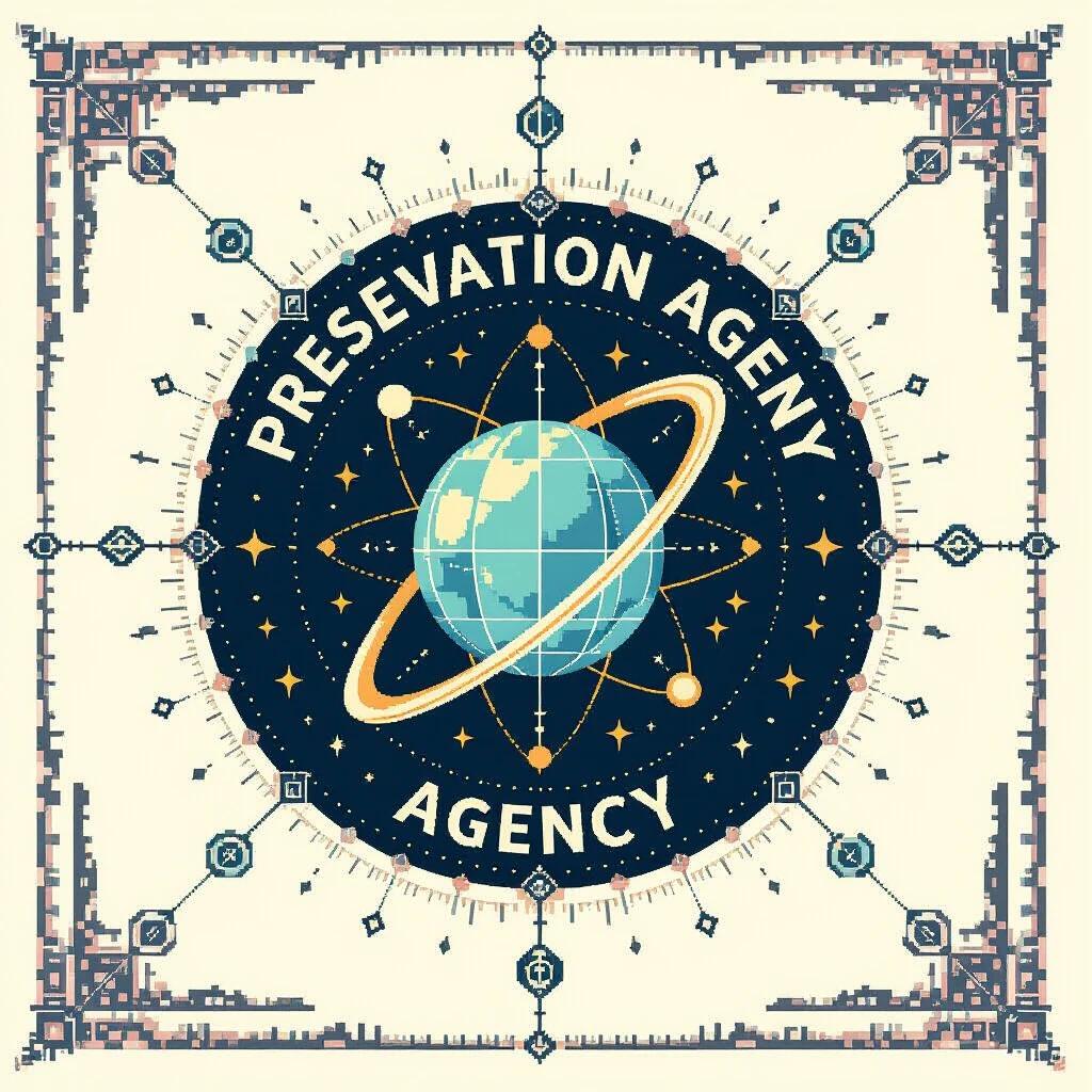 Round logo design. Preservation agency concept. Intelligence agency with wiki pages and narratives. Repository for online communities. Government style design. Minecraft themed aesthetics. Digital matrix concept.