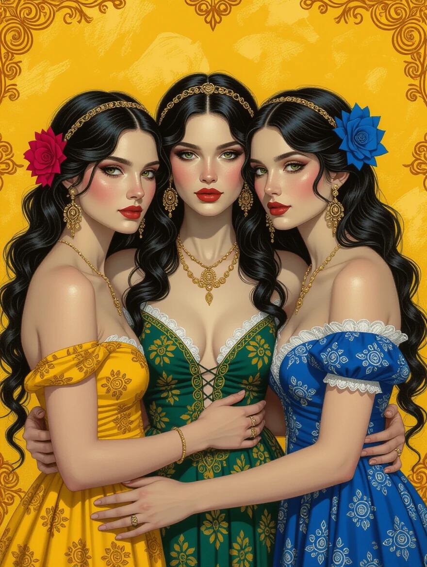 A surreal portrait featuring three exquisite women embodying gypsy culture. They pose in colorful dresses of yellow, green, and blue. The background is a blend of ochre and sienna, highlighting the vibrant colors. The artwork showcases intricate details and hyper-realistic features.