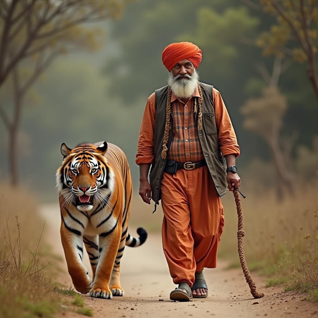 A 50-year-old man wearing traditional Punjabi attire walks alongside a tiger. The tiger is tied with a rope, and they are on a dirt path surrounded by trees.