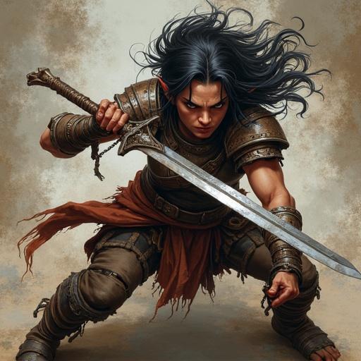 Tiefling woman barbarian ready for combat. She has dark hair. Wielding an oversized two-handed sword. Rugged half-armor shows visible wear. Dynamic pose of sword mid-swing. Legs braced for action.