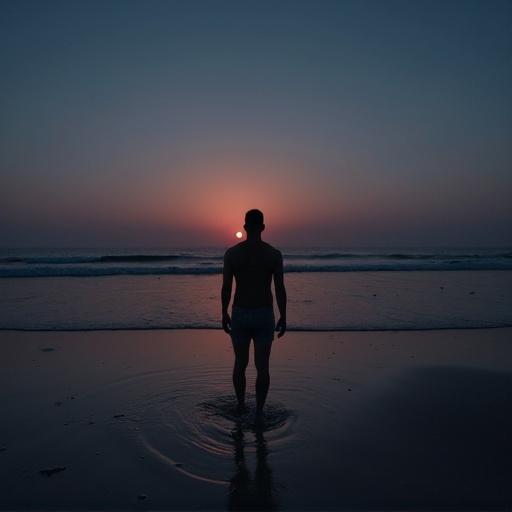 Silhouette of a man standing on the beach at night. The sun is setting on the horizon with calm ocean waves.