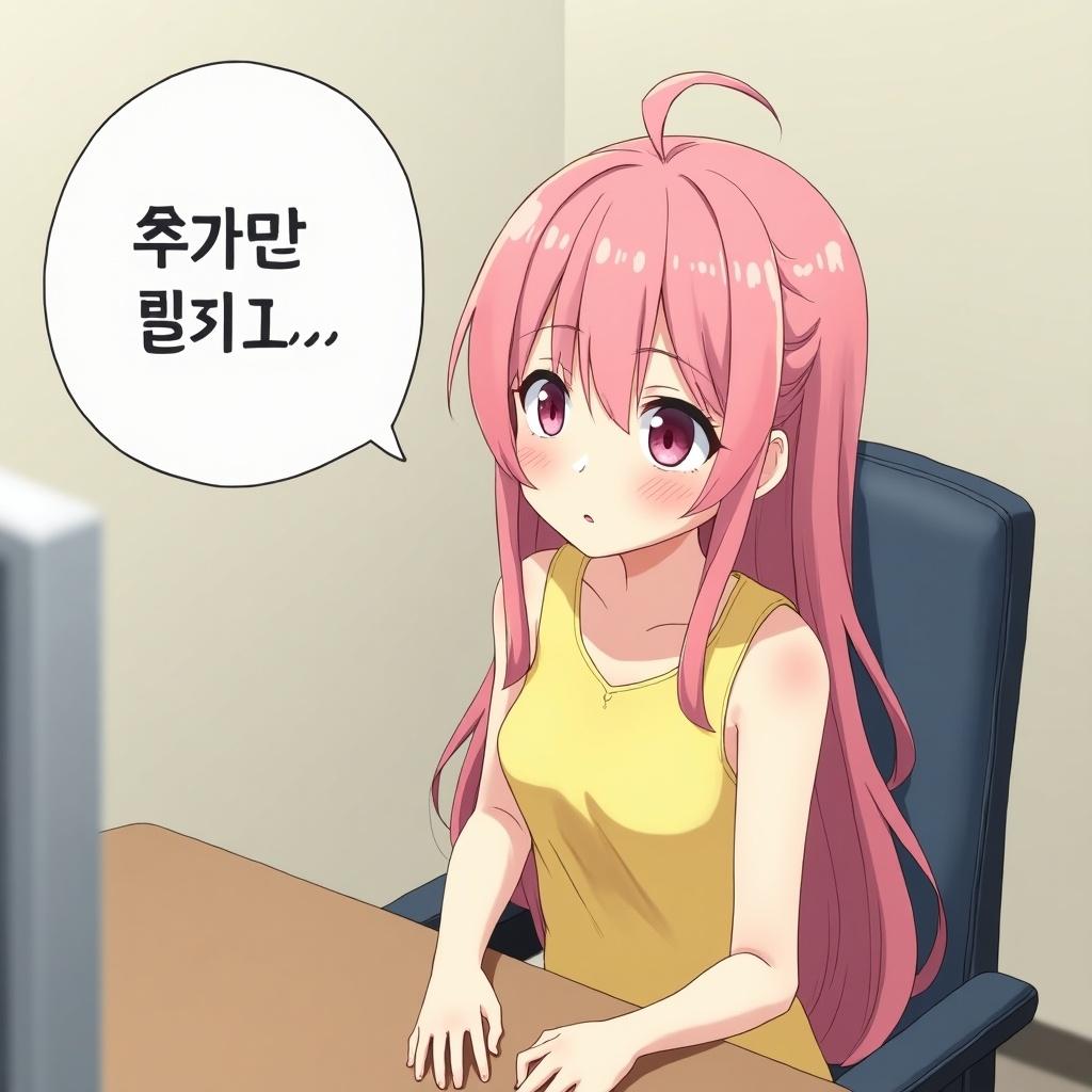 A high angle view of a girl sitting at a desk in a simple office background. She has long pink hair and pink eyes, wearing a yellow dress. The girl appears slightly surprised as she glances to the right. In front of her is a chat bubble displaying Korean text. The background is minimalistic, emphasizing the character. The overall mood is light and playful, typical of anime art style.