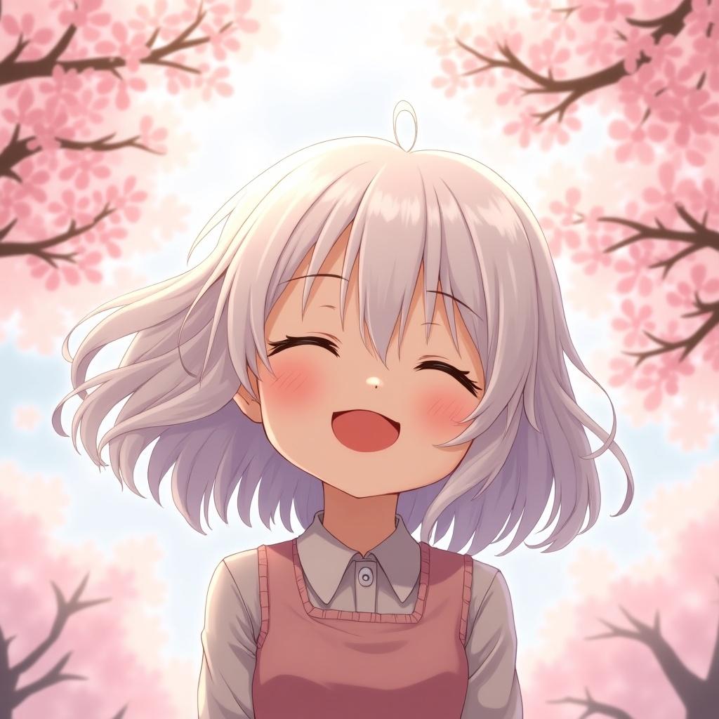 Anime girl smiles with eyes closed under cherry blossoms. Background filled with pink flowers. Light blue sky enhances a cheerful scene.