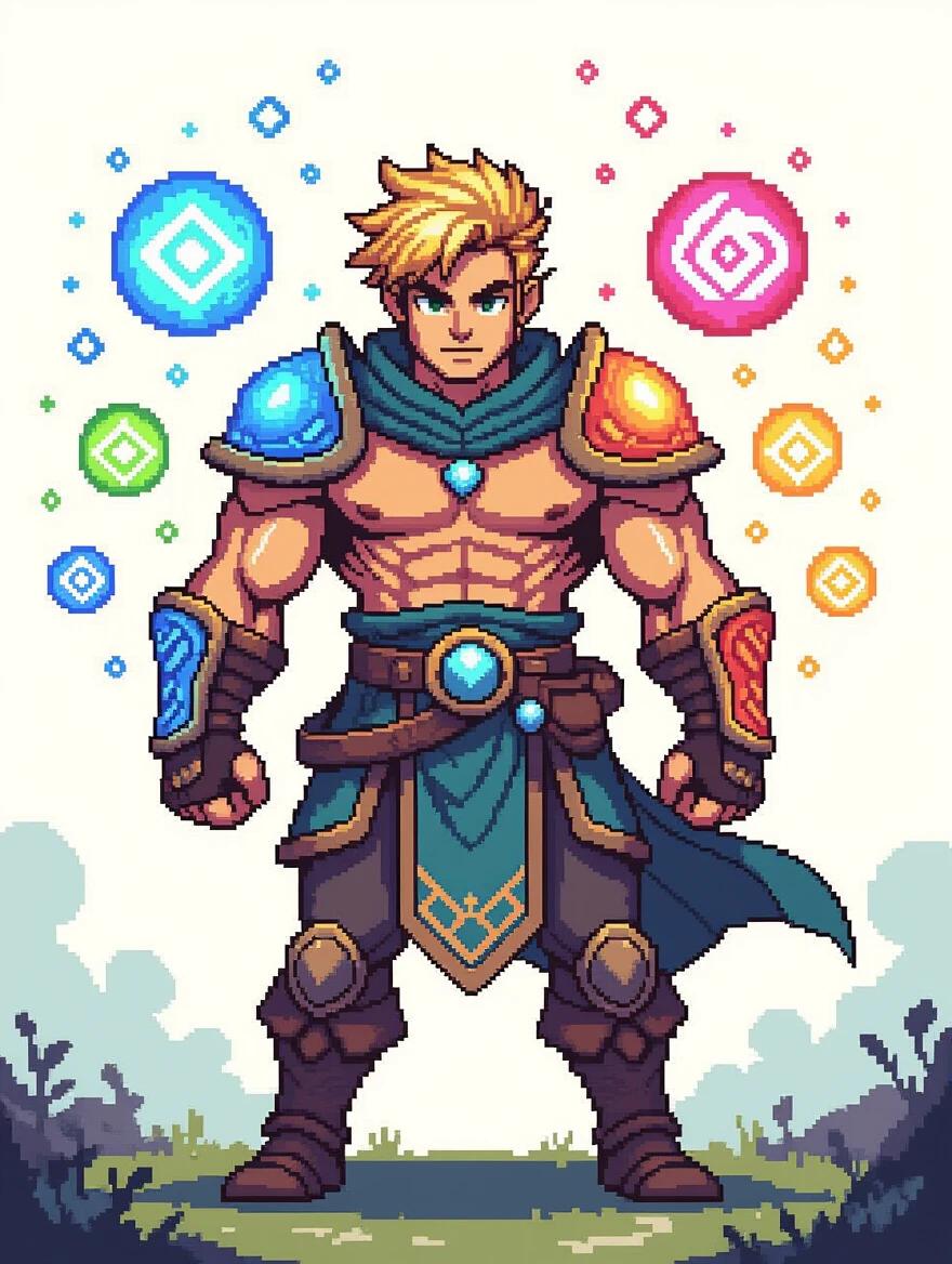 A male pixel art character stands confidently. He wears ornate armor with colored gauntlets. Energy spheres of various colors are positioned behind him. The design is inspired by runic elements. The character has a strong muscular build. He has a dynamic pose that conveys power.