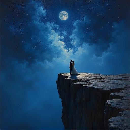Couple standing on a cliff under a starry sky. Turbulent stars and moonlight enhance romantic atmosphere. Oil painting in neo-romantic style. Expressive brushwork creates poetic feel. Deep blue and violet colors dominate.