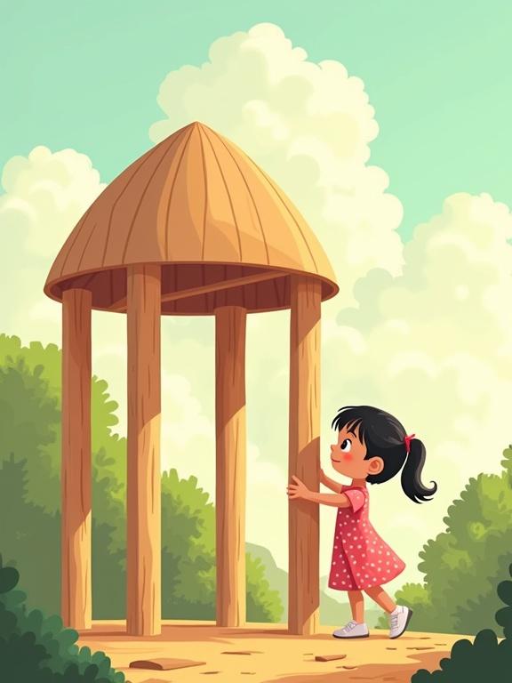 2D flat-style digital illustration for a children's book cover. Large wooden house structure under construction with five vertical wooden pillars and a dome-shaped roof. Leila, a small girl with black hair in a ponytail, helps steady a pillar. Soft, cheerful background with green trees and clouds. Leave space at the top for title text.