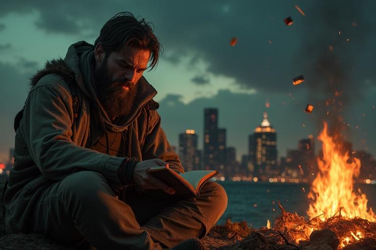 A man with a gaunt face and scraggly beard reads by a fire after a disaster. He sits outside a ruined city in ragged clothes. In his hand is a notebook labeled 'Survivor's Diary'. The skyline shows ruined skyscrapers and a faint mushroom cloud. Debris flies through the air with a dark sky and streaks of red and gray.