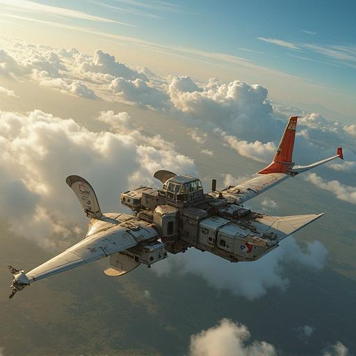 Aircraft flying high above the clouds. Scenic view capturing the essence of flight and adventure. Beautiful natural lighting. Vibrant sky colors, capturing the essence of altitude and travel.