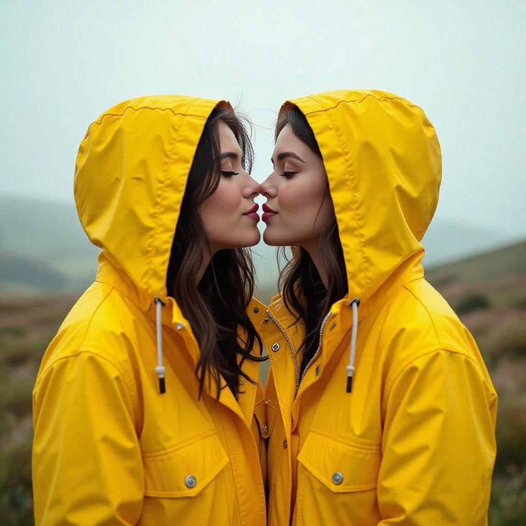 Two young women in yellow raincoats kissing outdoors. Soft natural light and symmetrical view.