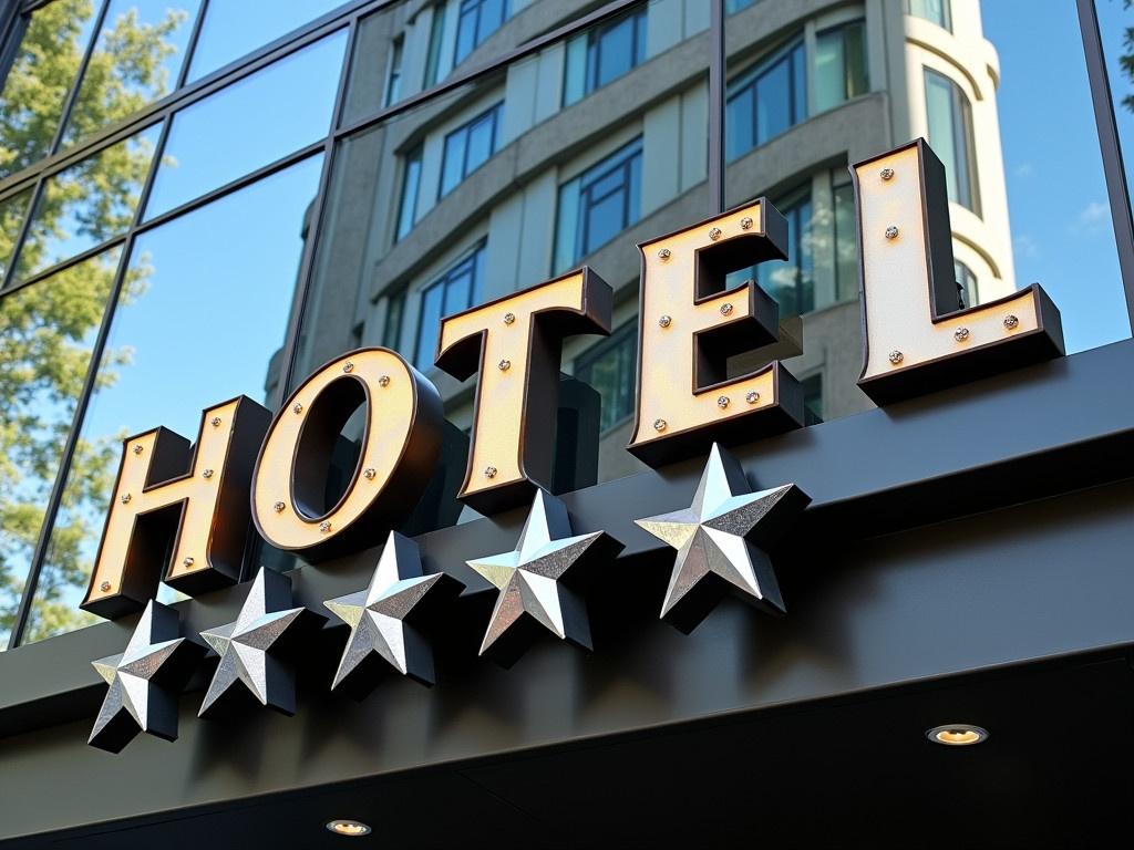 This image displays a stylish facade of a hotel boasting four stars. The large sign clearly showcases the word 'HOTEL' in bold letters, beautifully complemented by four shiny stars positioned next to it. The modern architecture of the building is reflected in the glass panels, creating an appealing visual effect. In the reflection, one can spot elements of the sky and the greenery from nearby trees. The overall composition exudes a sense of luxury and sophistication typical of upscale accommodations.