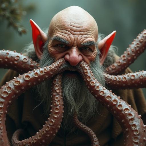A dwarf is being attacked by tentacles. Tentacles slide into his ears and mouth. Dwarf has an expressive face and a thick beard. Tentacles are realistic, detailed, and dynamic.