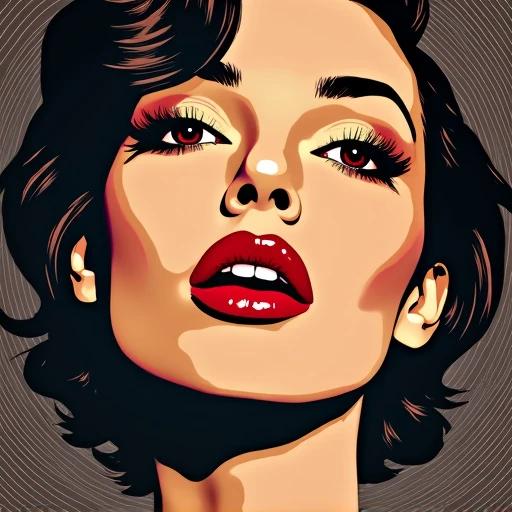 Pop art style portrait illustration of a singer. Bright red lips accentuated. Background featuring record patterns. Bold colors create a vibrant look.