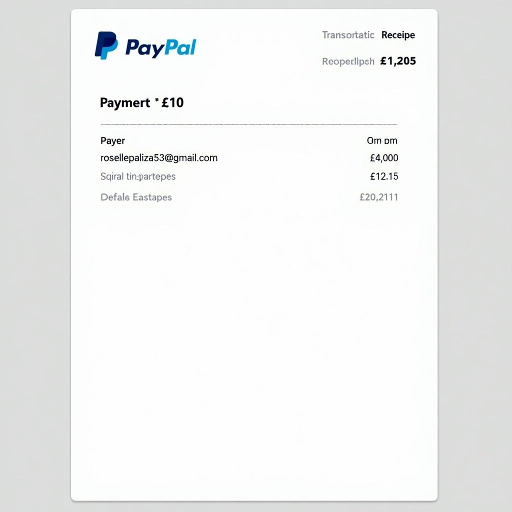 PayPal payment receipt showing a transaction for £10 to a specific email address. Document contains PayPal logo, payer details, transaction amount, and document number. Modern design for online payments.