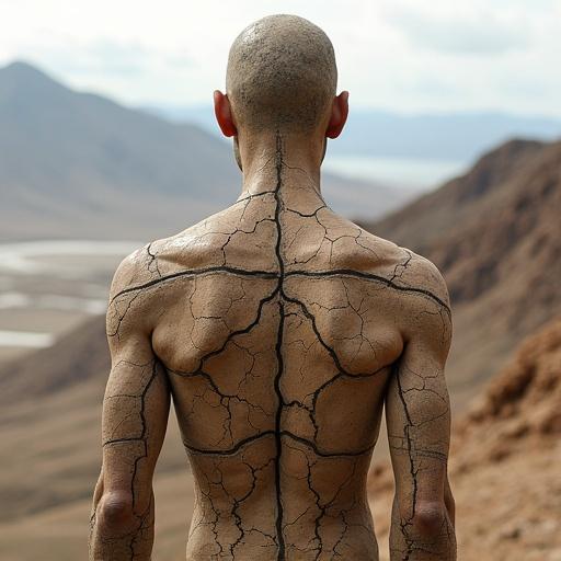 An abstract figure exhibits cracked earth textures across its back. Lines divide the surface resembling political territories. Textures vary from moist jungle to arid desert. The figure's head turns slightly, lacking defined features. The figure blends into a high plateau and mountain landscape.