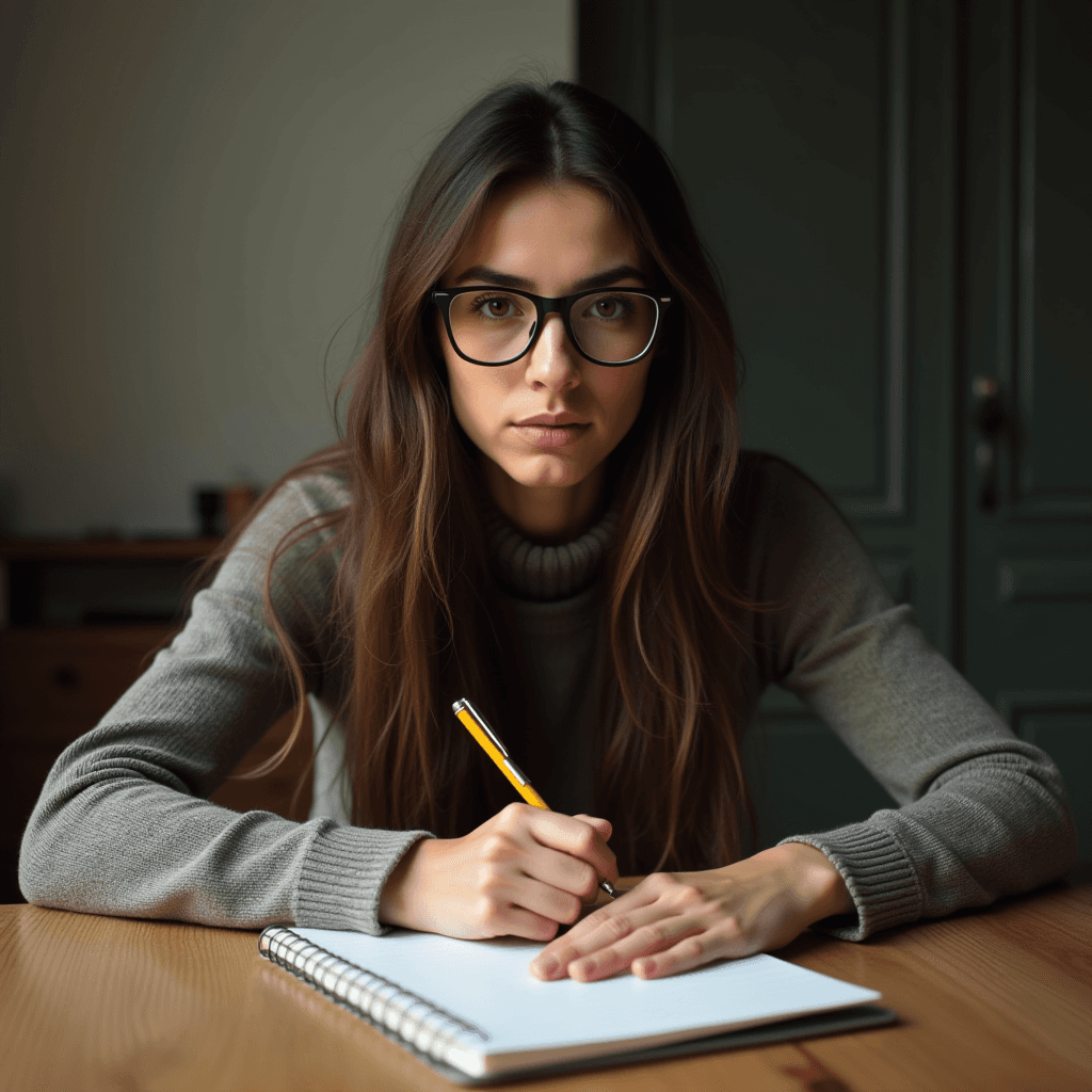 A woman with long hair and glasses is deeply focused, writing in a notebook on a wooden table.