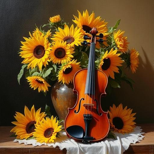 Oil painting of a Stradivarius violin with detailed features. Surrounded by bright sunflowers. Bright warm light creates a serene atmosphere. Deep shadows highlight the violin elegantly. Attractive still life composition.