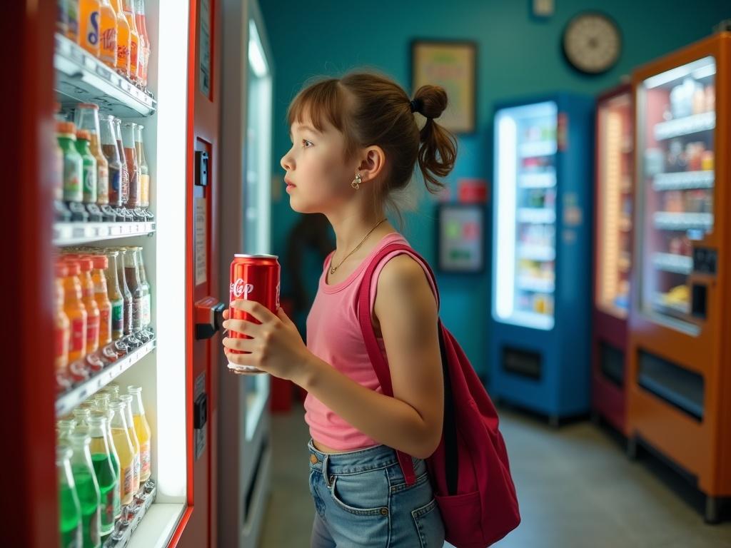 Energetic casual setting with vibrant colors. Teenage girl retrieving a soda from vending machine. Slim waist, backpack, pink top.