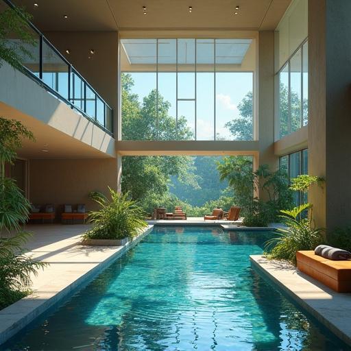 A summer morning scene of a modern luxurious mega mansion featuring an indoor onsen. The setting includes a beautiful swimming pool surrounded by green plants and a spacious interior with large windows, showcasing nature outside. Relaxing lounge chairs visible, creating a tranquil atmosphere.