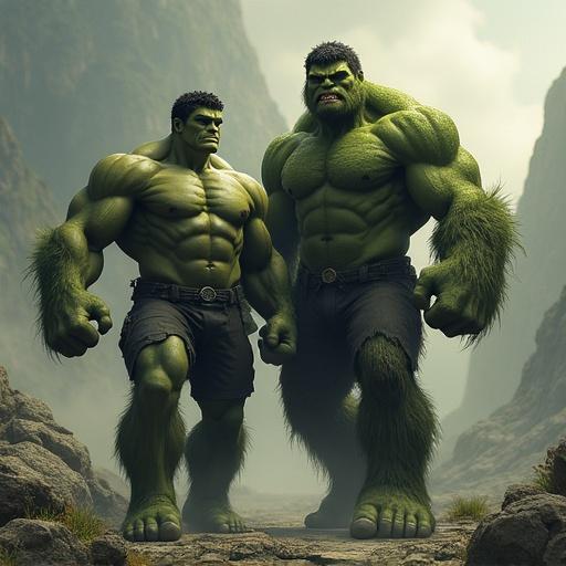 The Hulk and Bigfoot stand side by side in a rocky landscape. Both characters are muscular and in a heroic pose. Background features mountains and a cloudy sky. Hulk is characterized by his green skin and physique. Bigfoot resembles a hairy creature with a large frame.
