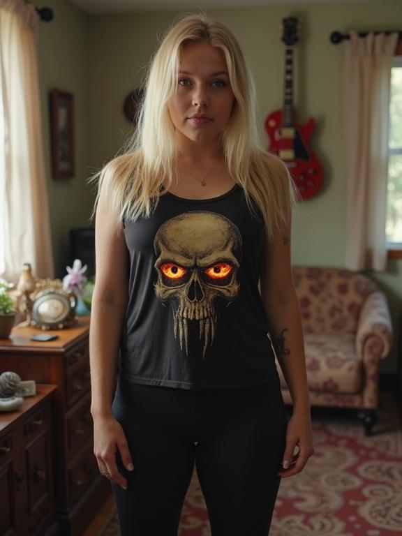 Eighteen-year-old blonde model with blue eyes and curvy figure. Wearing a black tank top featuring a skull with fiery eyes. Black leggings and red sneakers. Indoor setting with a guitar on the wall.