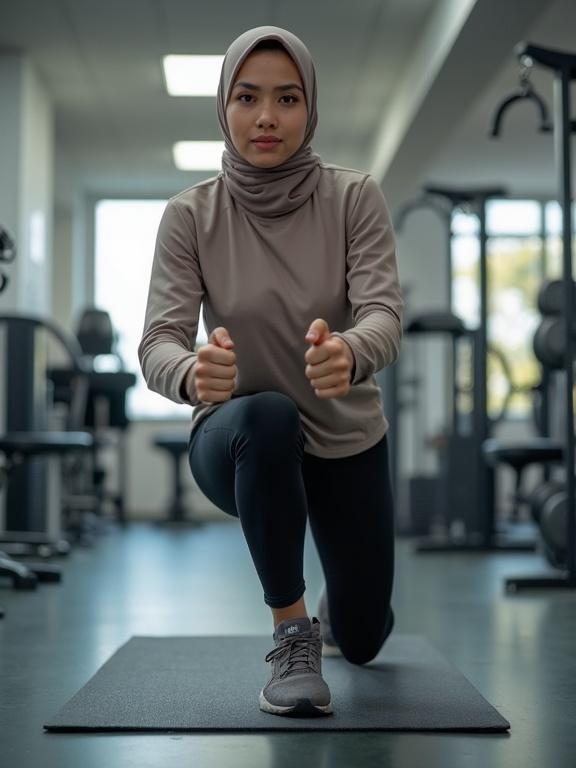 Indonesian woman in a hijab performing a glute exercise in a gym. Fitness equipment visible in a bright environment.