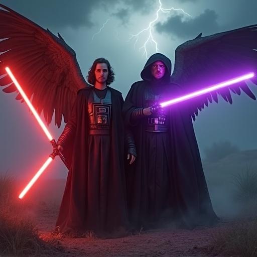 Two dark Sith Lords from the Renaissance era in a stormy setting. One holds a red lightsaber; the other holds a violet lightsaber. Dramatic lighting with lightning in the background. Menacing expressions and highly detailed dark robes. Energy from the dark side surrounds them.