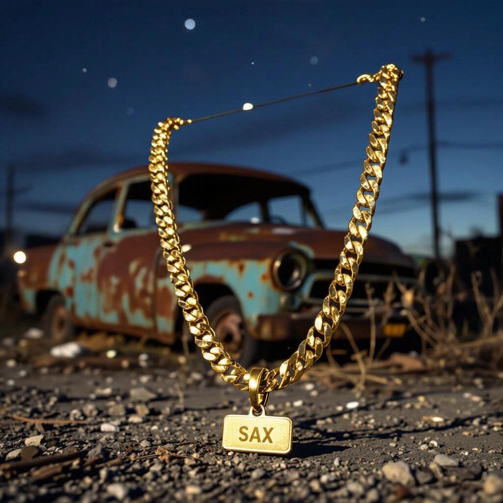 Photo taken in a junkyard at night. The main focus is a gold chain with a tag that says SAX. In the background, an old car is partially visible.