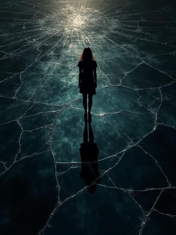 Top down view of a woman standing on a reflective glass surface. Cracking under her feet. Cosmic void reflection below. Digital vector illustration with smooth paint strokes. Black background.