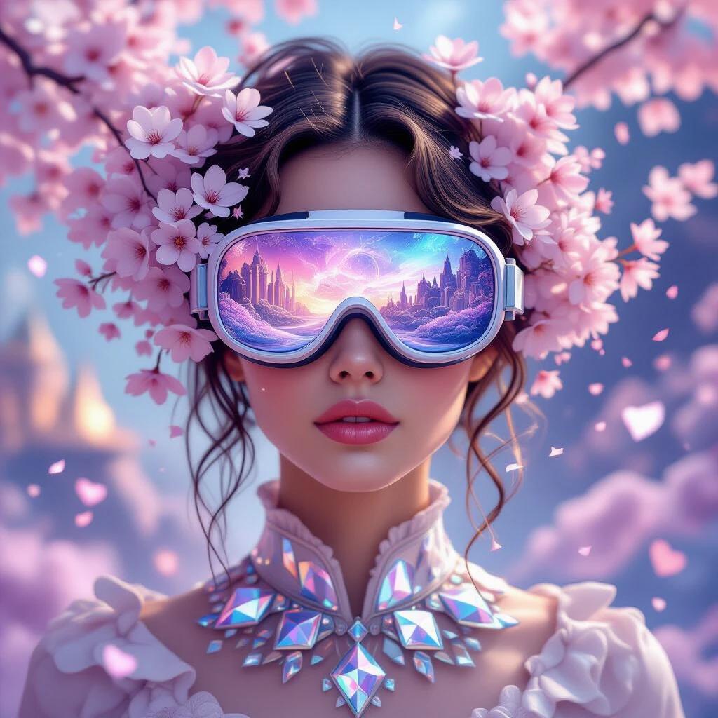 A hyperrealistic digital art portrait. A dream architect wears goggles. The goggles project dreams. Floating islands and impossible architecture appear. Ethereal cherry blossoms surround the head. Glowing geometric shards represent memories. Flowing dream-energy creates patterns. Sparkling dream particles fill the scene. Soft lighting enhances the mystical atmosphere.