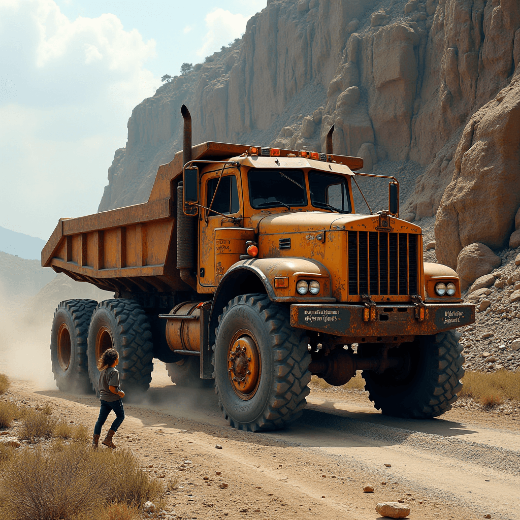 The image features a large, rugged dump truck navigating a dusty, rocky canyon road. The truck is painted in a faded orange, showing signs of wear and tear, suggesting it’s a hard-working machine. Its massive, heavy-duty tires kick up dust as it drives along the path. A small figure, likely a person, stands to the left of the truck, emphasizing the vehicle's massive size. The surrounding cliffs are steep and rugged, composed of reddish-brown rock formations, adding to the scene's adventurous and industrious vibe. The sky is partially cloudy, creating a natural and dramatic backdrop for the scene.