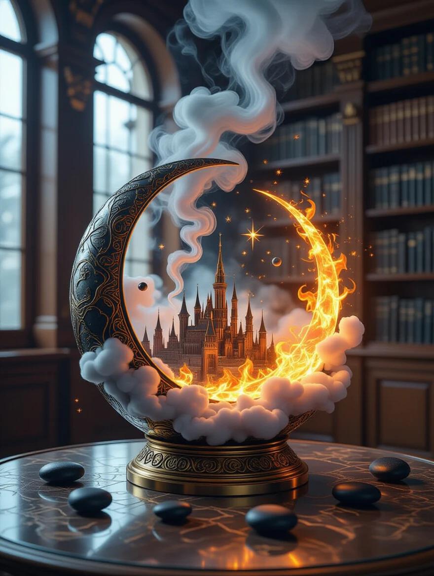 Microcosm 3D lantern rests on glass table in library. Thick smoke and fire rise from inside lantern. Black stones surround base. Crescent moon made of clouds and fire. Inside lantern a city appears in a mirage. Potions fly around in magical style. High art depicting magic.