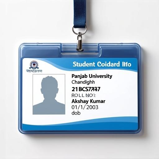 Image shows a student ID card featuring a blue and white design. Includes ID number and name. A lanyard is attached. Details include roll number and university name.