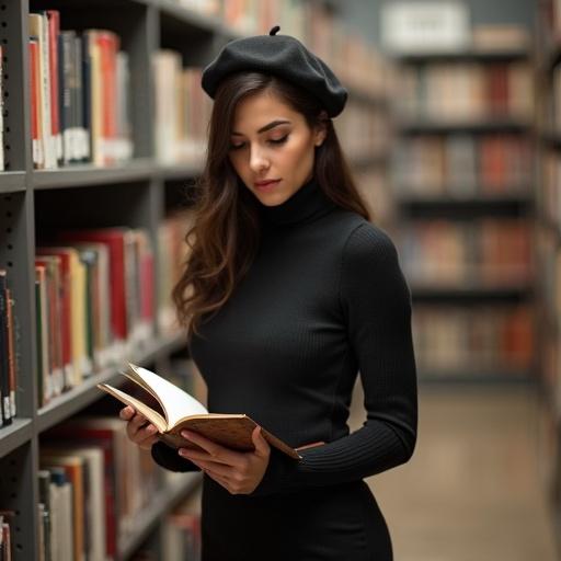 A young woman wearing a black turtleneck sweater and miniskirt reads a book in a library. She has long hair and wears a beret. Bookshelves filled with books surround her.