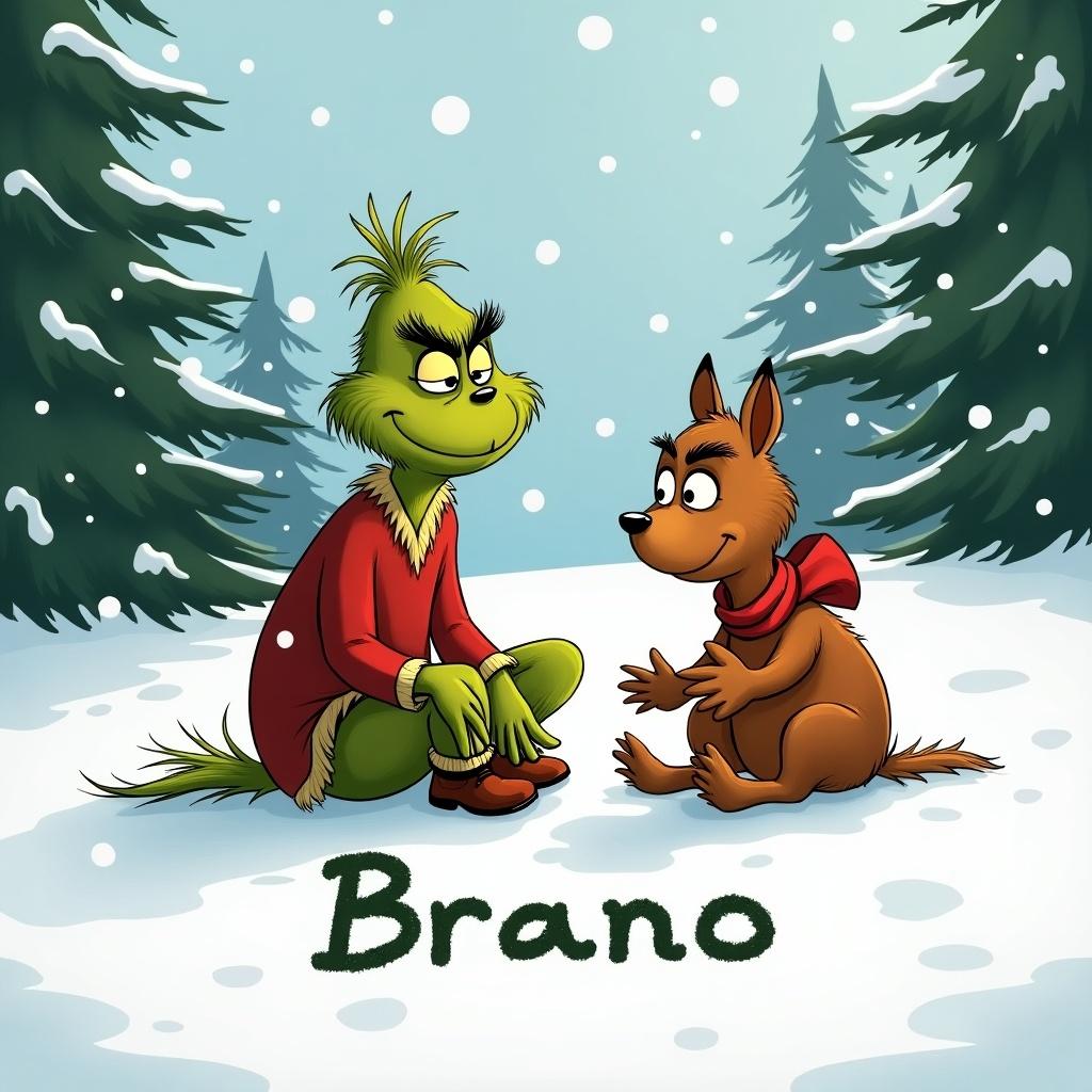 The Grinch and Max sit on snow. They write Bruno in the snow. Evergreen trees are in the background. Snowflakes fall.